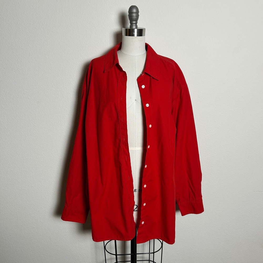 Classic Coastal Red 100% Cotton Button Up Shirt‎ Oversized Boyfriend Nautical XL - Picture 3 of 6